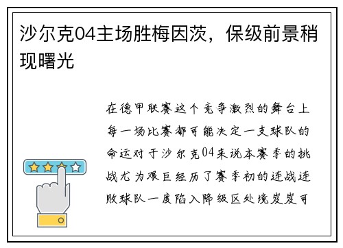 沙尔克04主场胜梅因茨，保级前景稍现曙光