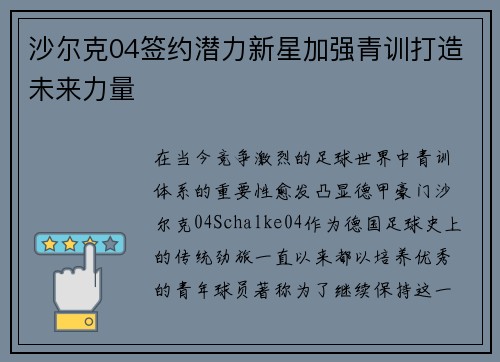 沙尔克04签约潜力新星加强青训打造未来力量